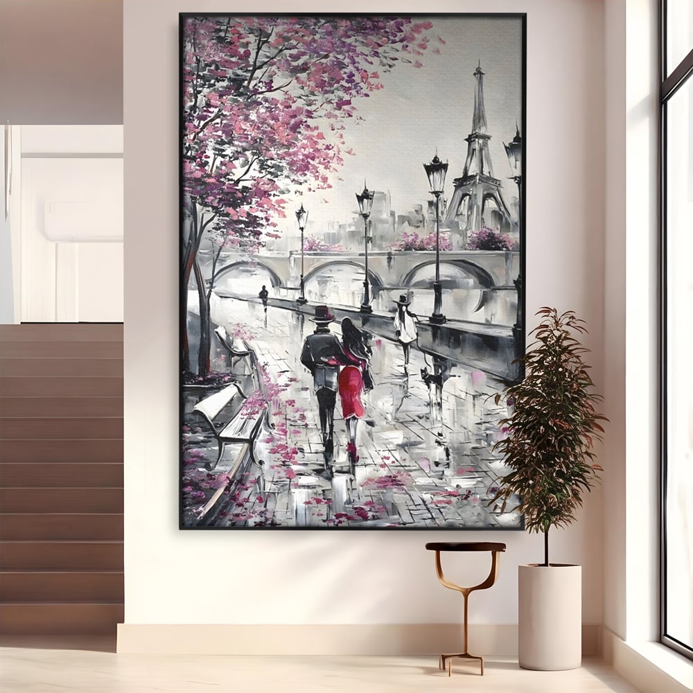 Tablou canvas cu pictura cu cuplu in paris, in rama de aluminiu negru